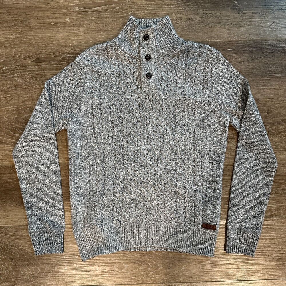 Men's Grey Cable Knit Button Mock Neck Pullover Sweater Size Medium